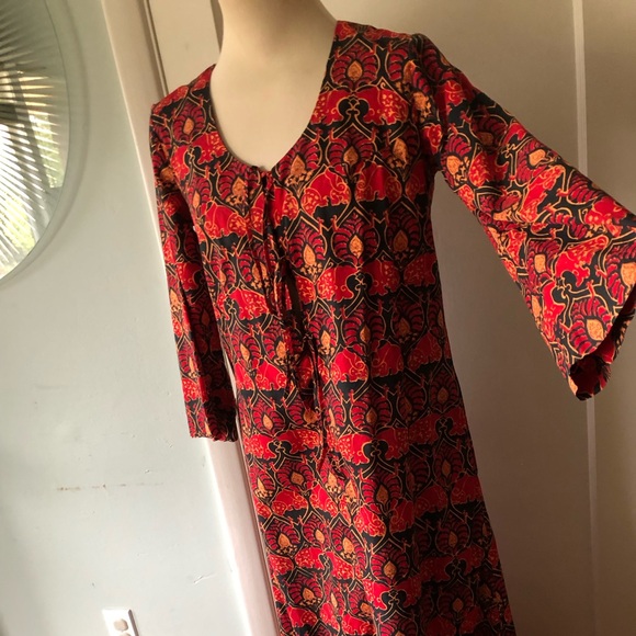 Vintage Thai size 12 red cotton kaftan Maxi Dress house robe loungewear - Picture 16 of 16